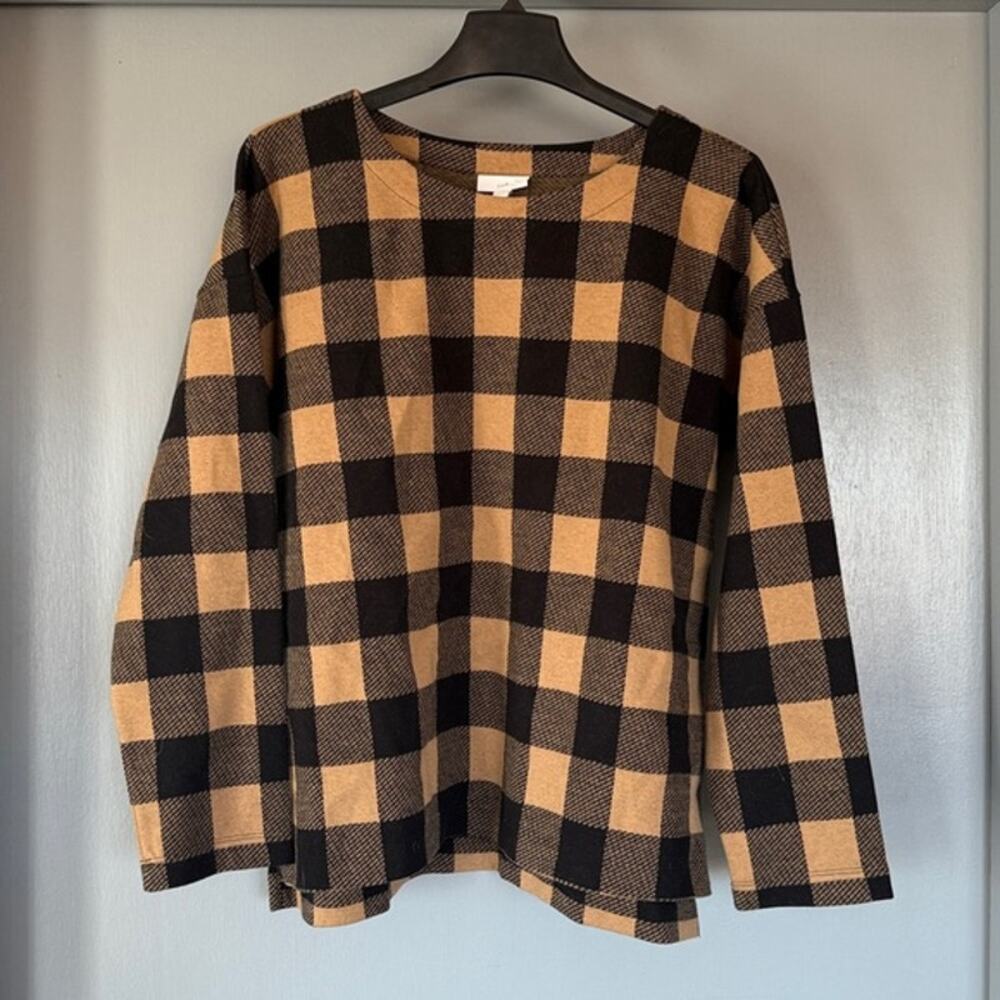 J. Jill Women Brown Buffalo Check Pullover Long Sleeve Top sz L Comfort Gorpcore